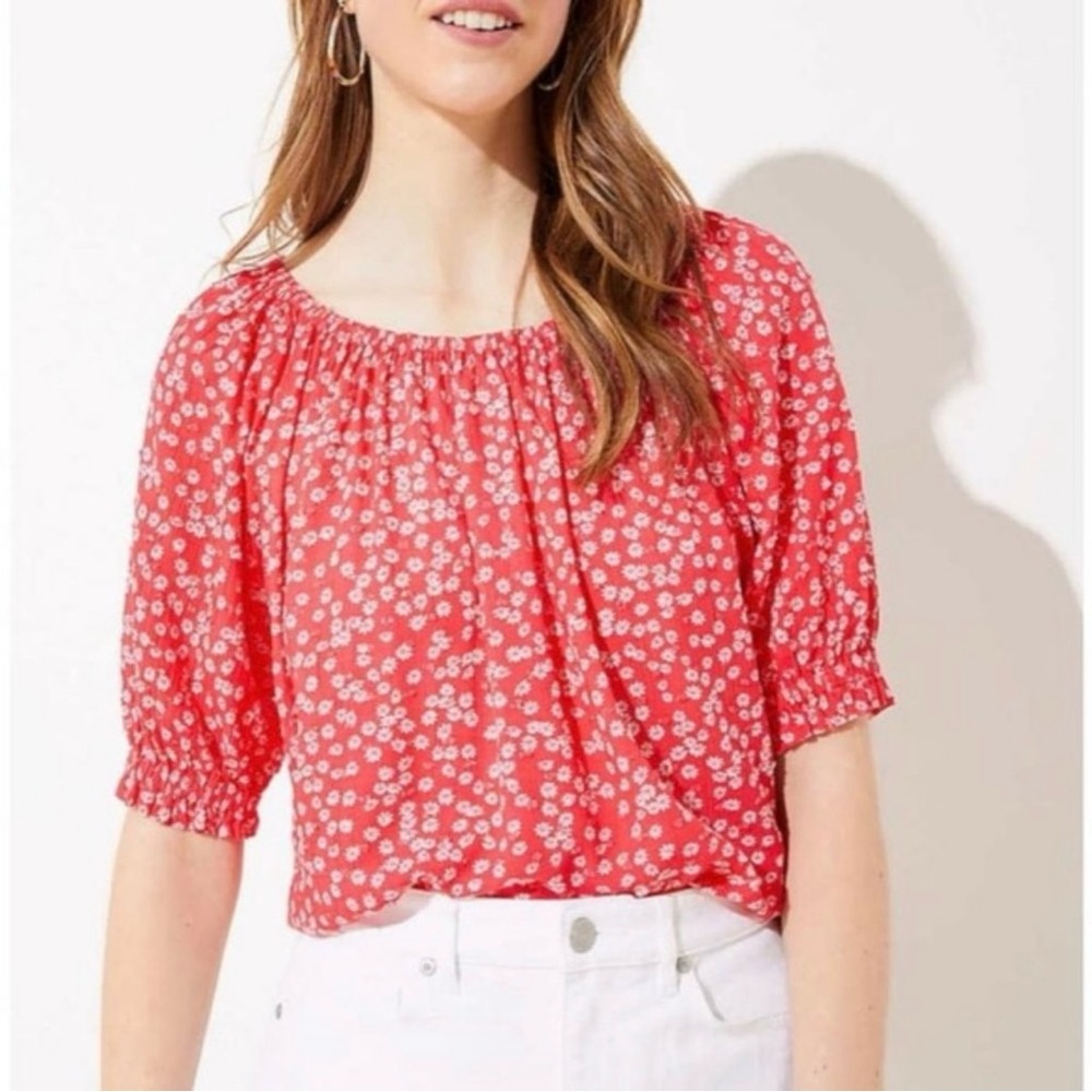 LOFT watermelon pink floral Swiss dot top